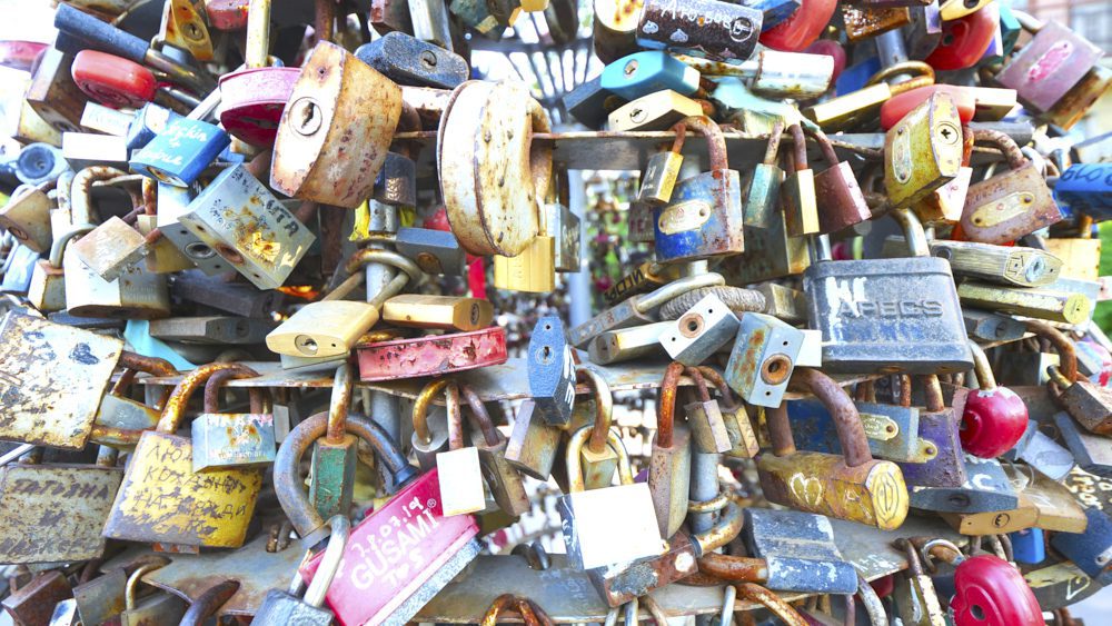 The love locks on Tioschin Bridge in Odessa, Ukraine.