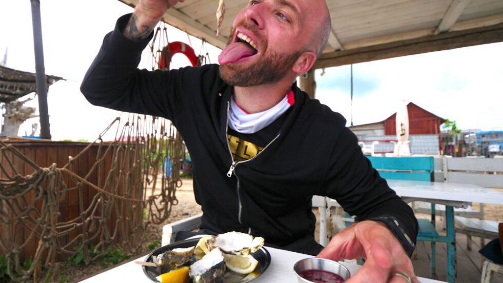 Eating Ukrainian seafood in Mykolaiva, Ukraine