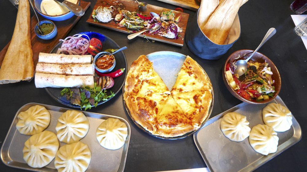 The spread of dishes at Rigi Restaurant in Tbilisi, Georgia