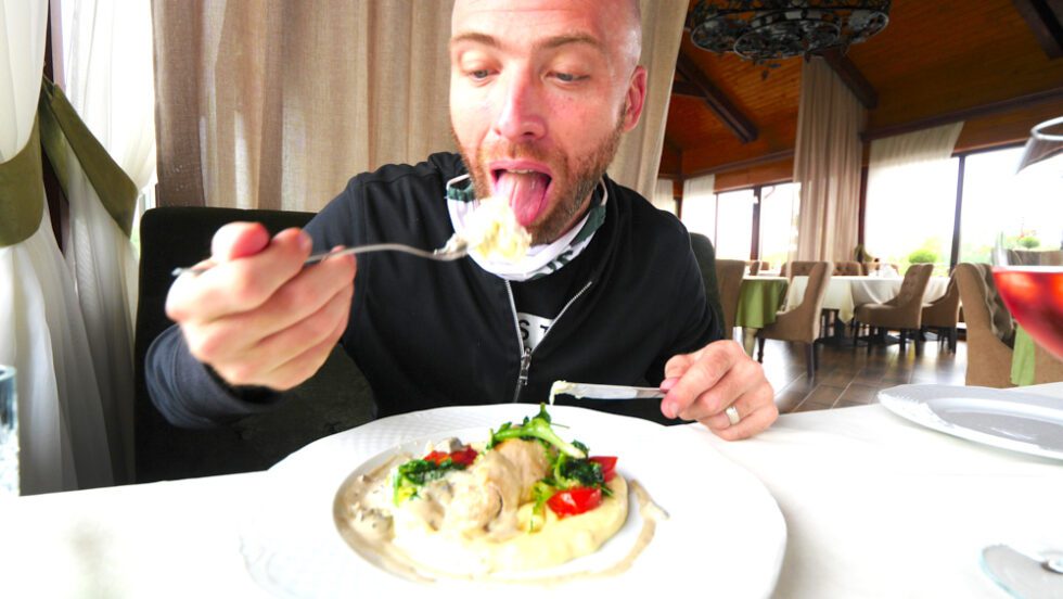 Enjoying turkey with mashed potatoes and mushroom sauce in Berehove, Ukraine