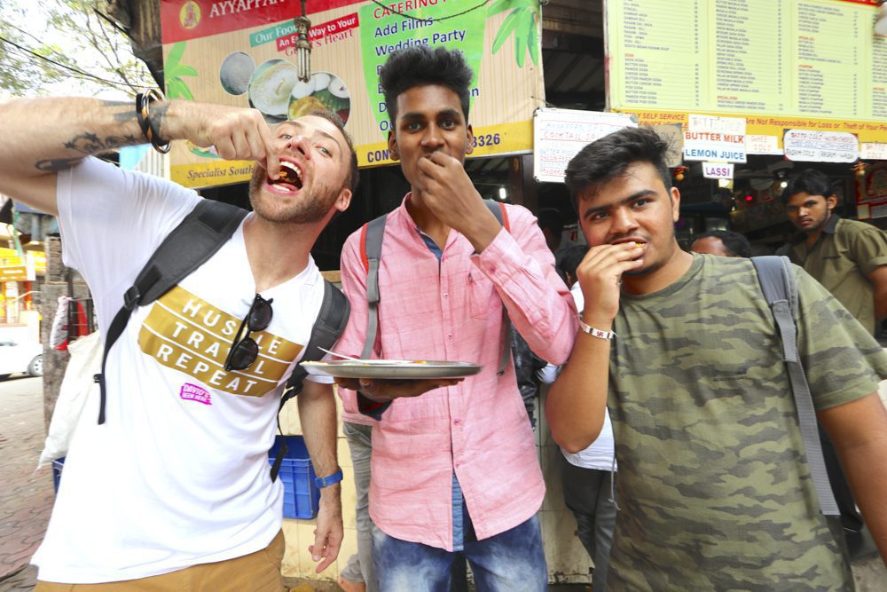 David Hoffmann and friends enjoying Indian street food in Mumbai, India