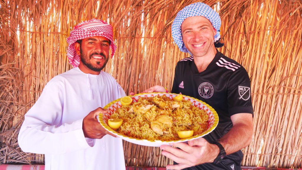 Freshly prepared Bedouin kabsa in the Wahiba Sands of Oman
