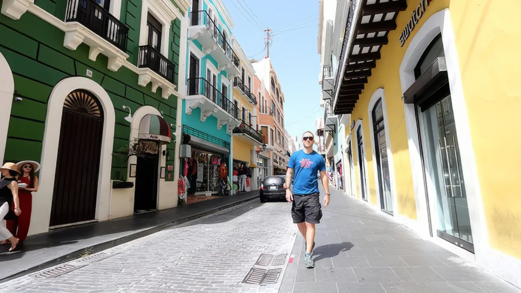 David Hoffmann walks down a colorful street in San Juan, Puerto Rico, where it's important to know the Spanish language | Davidsbeenhere